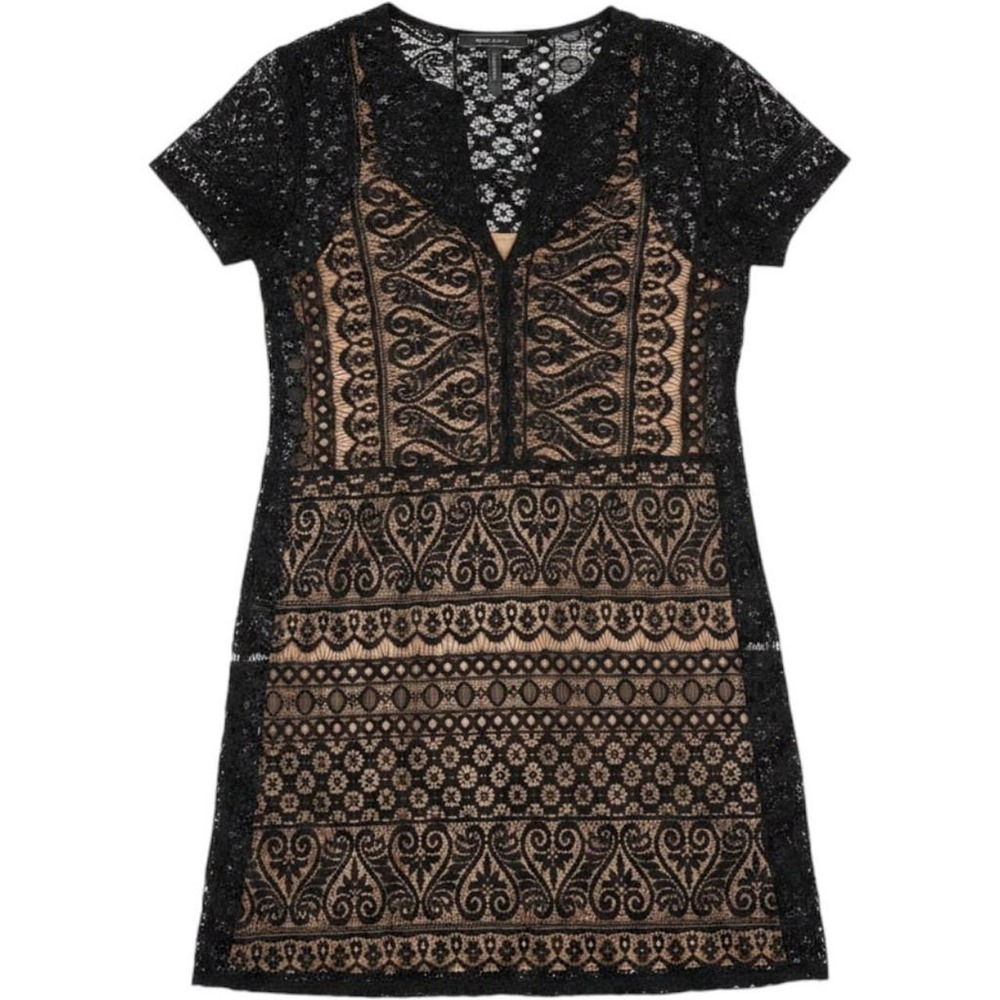 BCBGMAXAZRIA Black Lace Overlay V-Neck Mini Dress XS